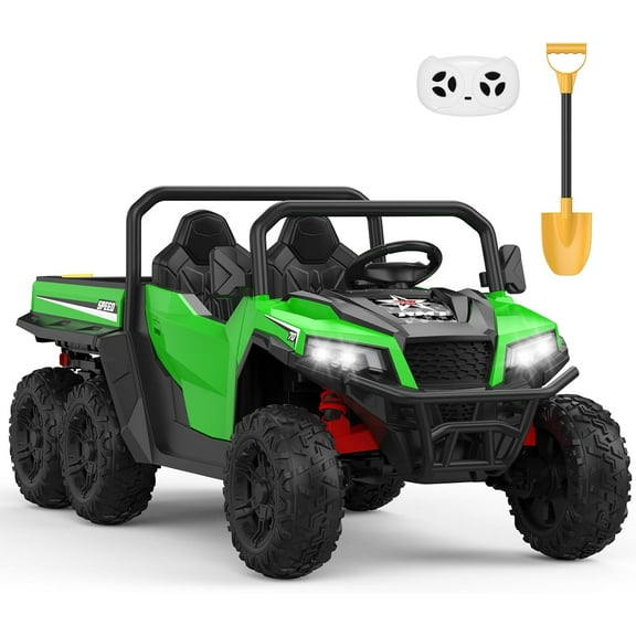 Rugerasy 24V 4WD 6-Wheel Electric Ride On Dump Truck,with Remote Control,2 Seater Dump Truck Toy,Includes Interactive Shovel,Dump Bed,LED Lights & Music Player for Big Ages 3+,Green
