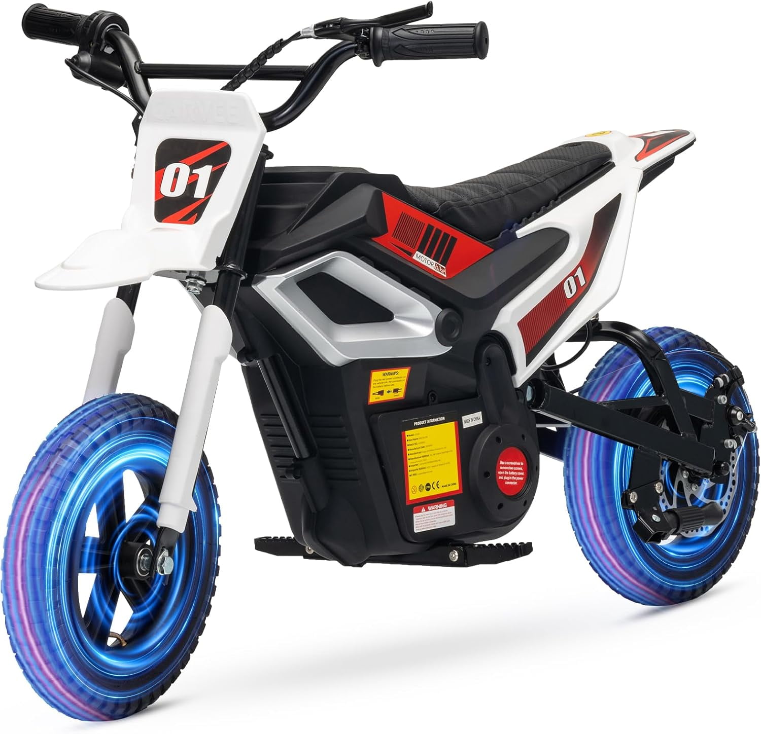 Rugerasy 24V Electric Dirt Bike,Ride on Motorcycle with Rear Wheel Suspension,12 Miles Range,Twist Grip Throttle,Rubber Tire,Birthday & Xmas Gifts,White