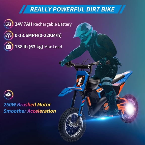 Rugerasy 24V Ride on Motorcycle for,16MPH Fast Speed Electric Battery-PoweRed Off-Road Motocross with 250W Strong Motor,Chain-Driven,Leather Seat,Disc Brake,Air-Filled Tires for Teens,Blue