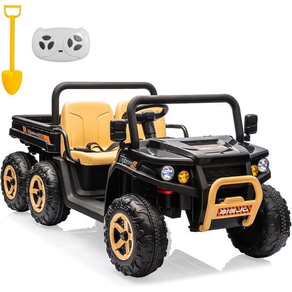 Rugerasy 24V All Terrain Ride-on Dump Truck,4WD 6-Wheel 2-Seater UTV with Parent Remote Control,Electric Dump Bed & Shovel,Bluetooth Music,LED Headlights for Ages 3-8,Black