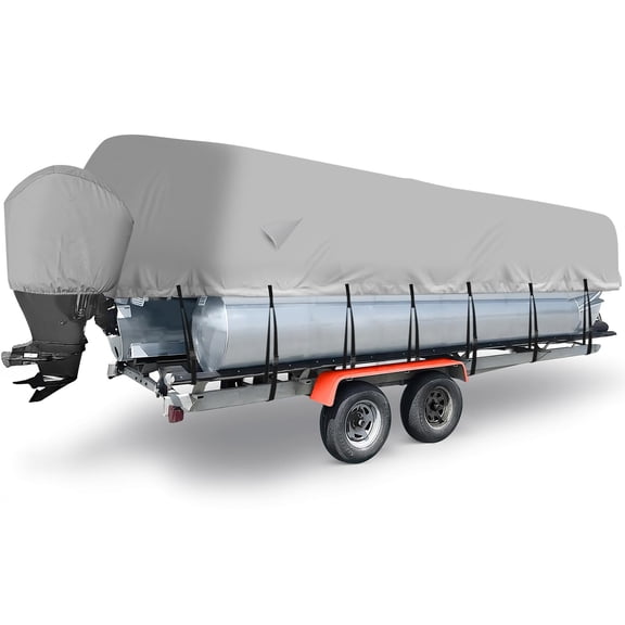 Rugerasy 25-28 FT Heavy Duty Pontoon Boat Cover,Waterproof Trailerable Boat Cover,Marine Grade Waterproof Covers with Adjustable Windproof Tightening Strap & Storage Bag,Gray
