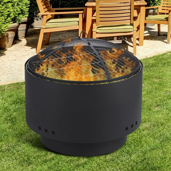 Rugerasy 26in Outside Large Fire pits,BBQ Grill for Wood Burning with Fireproof Mesh Cover & Grill,Multi-Fuel,Wood,Charcoal,Pellets,Black