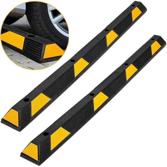 Rugerasy 2PC 72 Inch Parking Stopper for Garage,Heavy Duty Rubber Parking Curb – 55,000 LBS Capacity,Parking Stops with Reflective Stripes for Trucks & Vehicles,Driveway,As shown