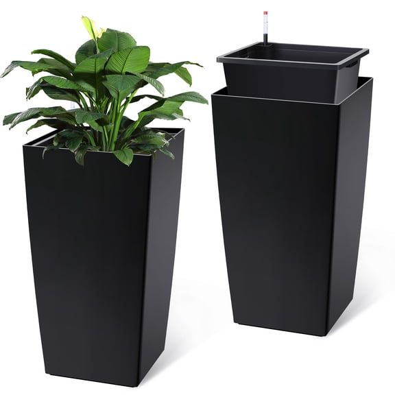Rugerasy 2PC Large Tall Planter for Indoor & Outdoor,Tapered Flower Pots with Drainage HolesWater Level Monitor, High Front Porch Planter Pots with Wheels Inner Bucket for Porch, Patio