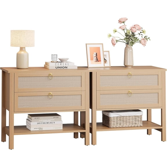 Rugerasy 2PC Rattan Night Stand Bedside Table with Drawers Storage Shelf,Narrow Bedside Table,Mid Century Modern Nightstand,Cherry wood