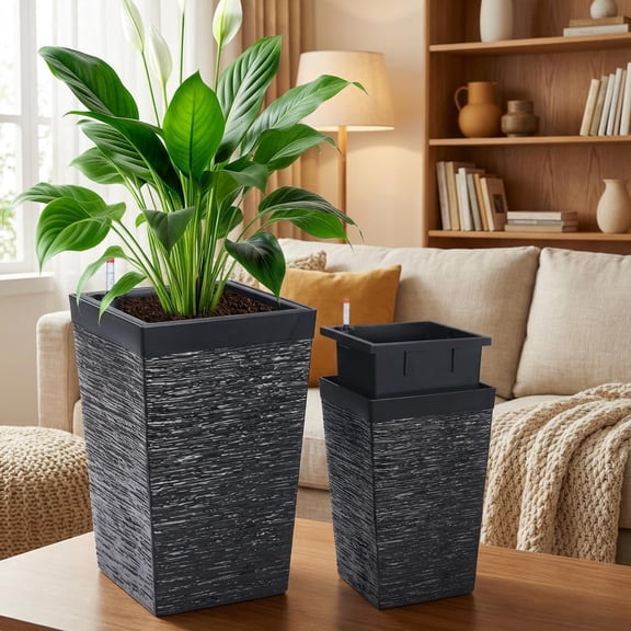 Rugerasy 2PC Self Watering Planter,Large Square Plastic Planter with Water Level Indicator,Planter with Water Reservoir,Prevents Root Rot for Indoor Outdoor,Black