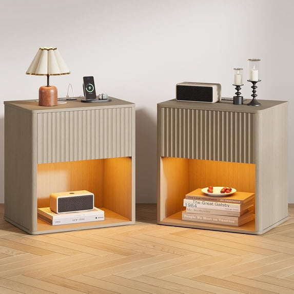 Rugerasy 2PC Side Tables,Fluted Nightstands with Charging Station & LED Light,Modern Mid Century End Table with Drawer,Farmhouse Bed Side Tables for Sofa Couch,Oak