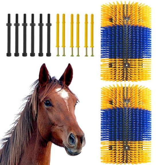 Rugerasy 2PCS Livestock Scratching Brush Set with Durable Plastic,Nylon Hard Bristles,Firm Resilient Triple-Sided Design,Outdoor Farm and Ranch Grooming Tool for Cow Horse,Blue and Yellow