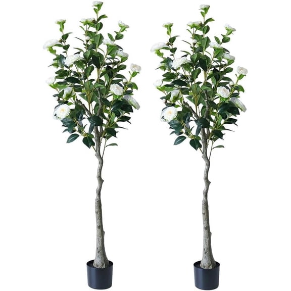 Rugerasy 2Pcs Artificial Camellia Tree,4.9FT Faux Camellia Plant in Pot with Realistic Trunk Leaves Flowers and Planter for Home Decor and Housewarming GiFT,150cm