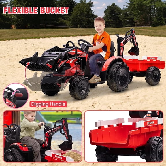 Rugerasy 3 in 1 24V Ride On Tractor, Ride On Car Toy,Excavator & Bulldozer, Electric Vehicle with Trailer, Digger, Shovel Bucket, Remote Control, EVA Tires, LED Lights, Music & USB,Red