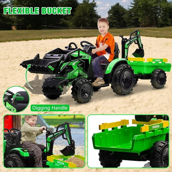 Rugerasy 3 in 1 24V Ride On Tractor, Ride On Car Toy,Excavator & Bulldozer, Electric Vehicle with Trailer, Digger, Shovel Bucket, Remote Control, EVA Tires, LED Lights, Music & USB,Green