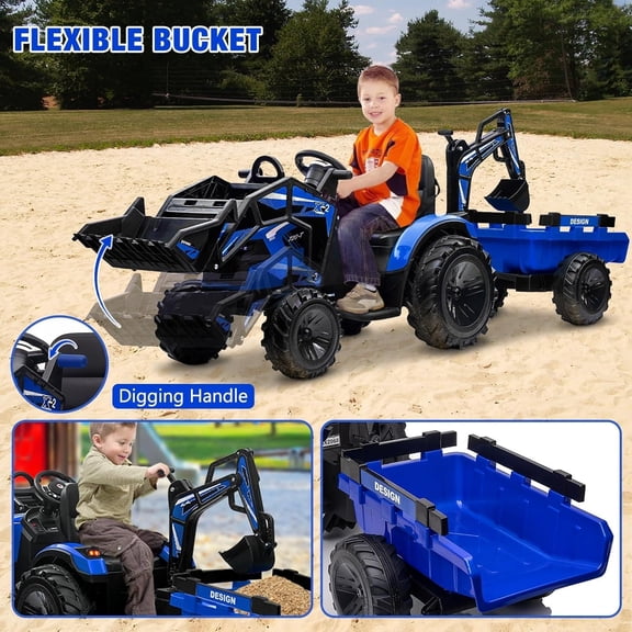 Rugerasy 3 in 1 24V Ride On Tractor, Ride On Car Toy,Excavator & Bulldozer, Electric Vehicle with Trailer, Digger, Shovel Bucket, Remote Control, EVA Tires, LED Lights, Music & USB,Blue