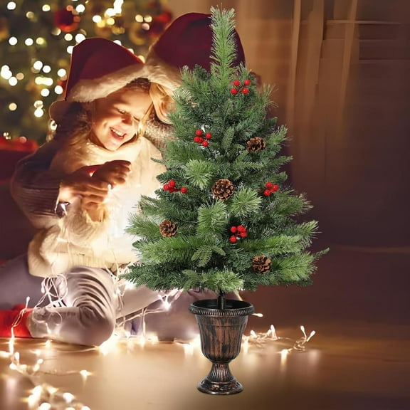 Rugerasy 3 Ft Artificial Mini Christmas Tree,Tabletop Christmas Tree with 70 LED Warm Lights,Artificial Tree with Pine Cone & Red Berry for Tabletop,Indoor and Outdoor Decor