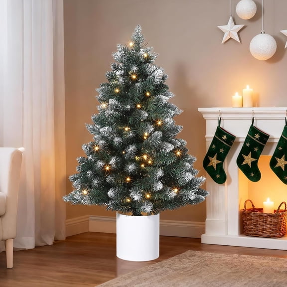 Rugerasy 3 Ft Small Snow Flocked Christmas Tree,with 40 Warm White Lights,Includes Pot,No Assembly RequiRed,Tabletop Decor for Desk,Green
