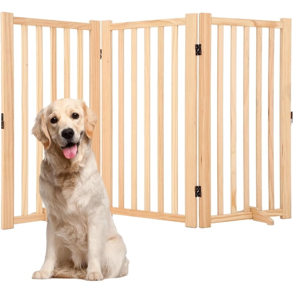 Rugerasy 3 Panel Freestanding Pet Gate,Foldable Panel Dog Gate for Stair Doorways House Indoor Hallways,No Paint,Step-Over Fence,Natural 2