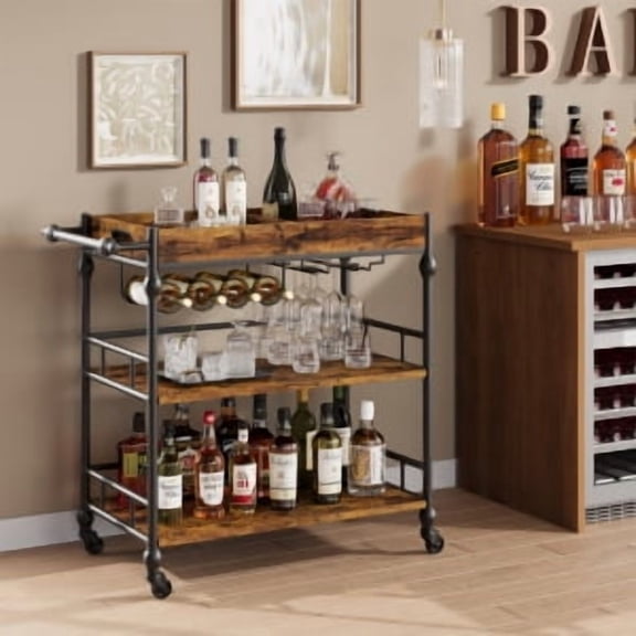 Rugerasy 3 Tier Bar Cart,Bar Carts for The Home,Serving Cart with Wheels,Home Bar & Serving Carts,Metal Rolling Cart with Wine Rack & Removable Tray for Kitchen,Retro color