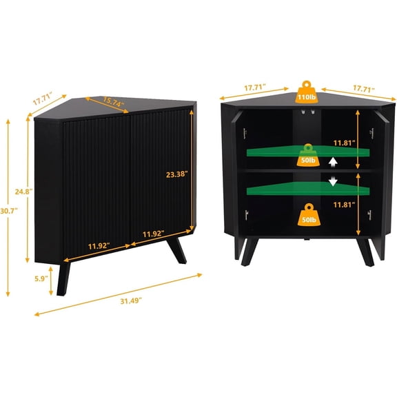 Rugerasy 3 Tier Farmhouse Corner Storage Cabinet with Adjustable Shelf,Industrial Wooden Corner Table with Doors,Triangle End Table for Kitchen,Black