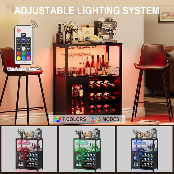 Rugerasy 3-Tier Wine Bar Cabinet,with Detachable Wine Rack and Drawer,LED Light,Industrial Sideboard and Buffet Cabinet with Glass Holder and Mesh Door,Durable and Stylish Storage Solution