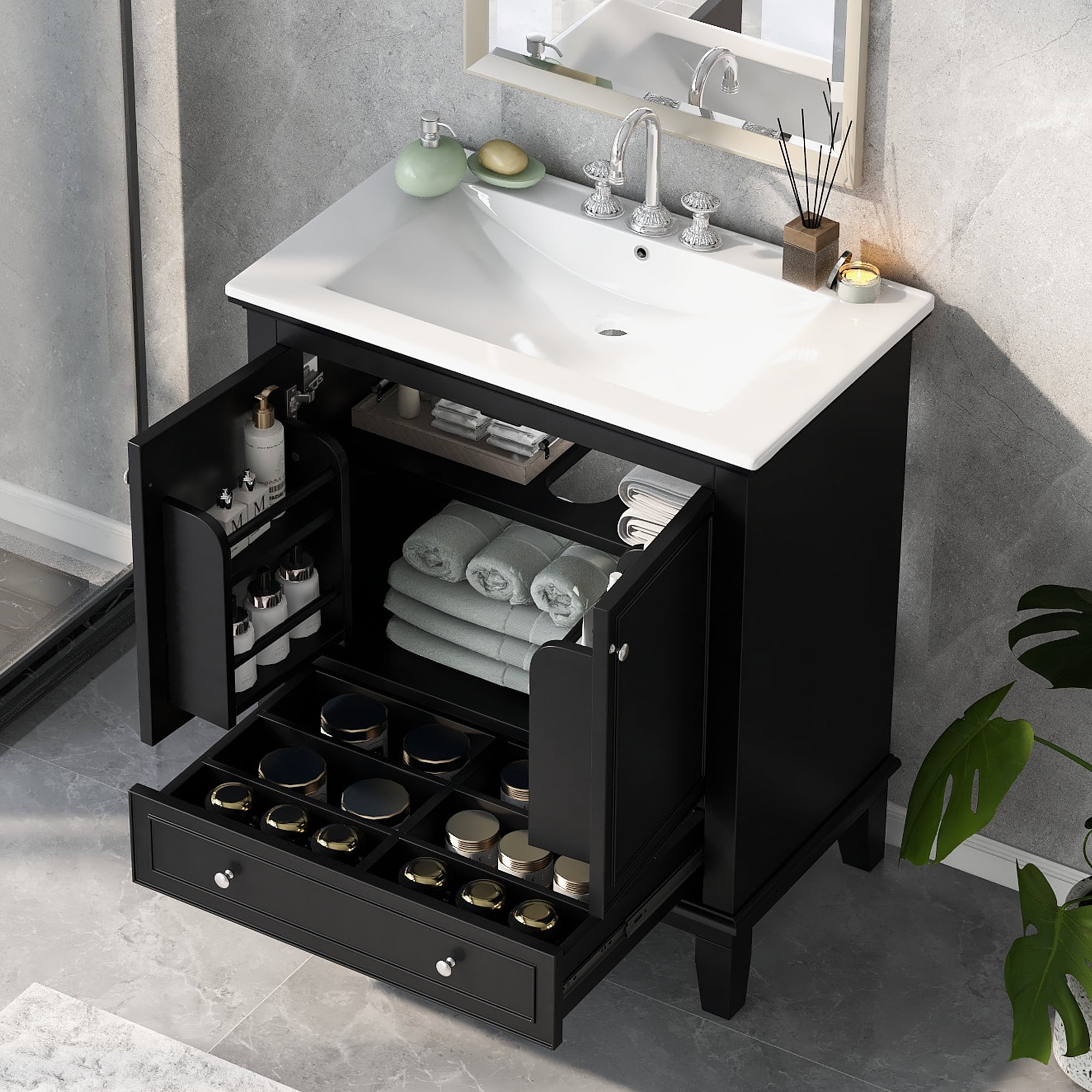 Black 30" Freestanding Bathroom Vanity with Ceramic Sink and Storage