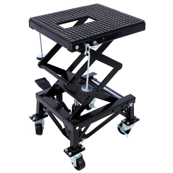 Rugerasy 300 Lbs Hydraulic Motorcycle Scissor Jack Lift Foot Step Portable Jack Lift Table With 4 Wheels For Small Dirt Bikes