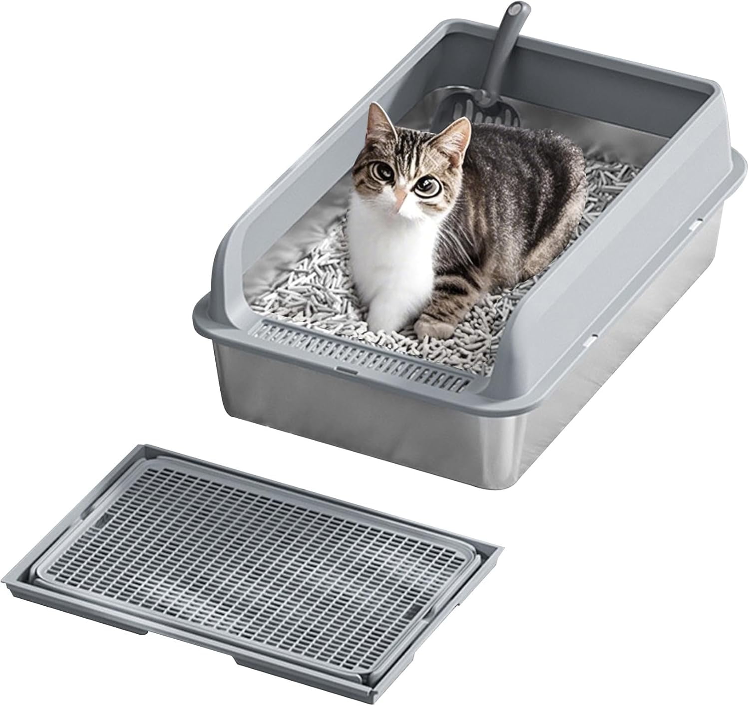 Rugerasy 30L Stainless Steel Cat Litter Box with Lid, Large for Big Cats, Gray
