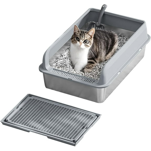 Rugerasy 30L Stainless Steel Cat Litter Box with Lid, Large for Big Cats, Gray