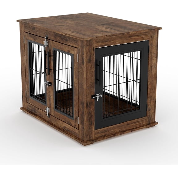 Rugerasy 31 Inch Dog Crate Furniture End Table,Farmhouse Wooden Kennel Cabinet with Double Doors for Small/Medium Dogs,Indoor Dog House Furniture Console for Living Room,As shown