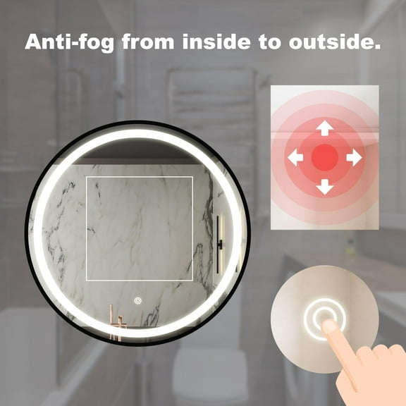 Rugerasy 32 Inch LED Vanity Mirror, Round Wall Mounted Mirrors, Bathroom Mirror, Anti Fog Switch, Makeup Mirror for Home Bathroom ,Black and Silver