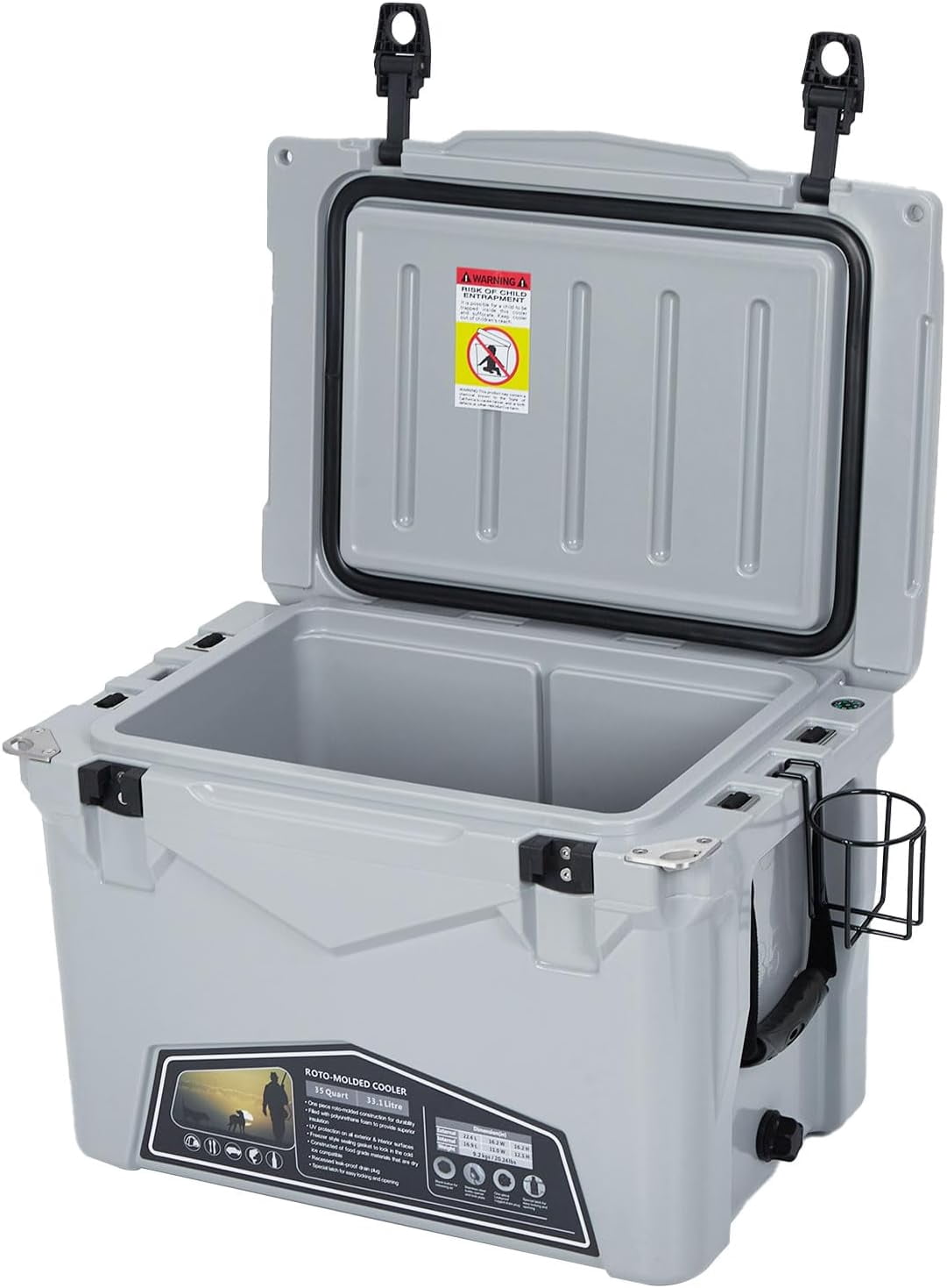 Rugerasy 35 QT Rotomolded Hard Cooler,Portable Ice Chest with 5-Day Ice Retention,Cup Holder & Bottle Openers,Heavy Duty Insulated Cooler Box,Cold Gray