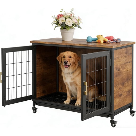 Rugerasy 37.5 Inch Wooden Dog Crate Furniture with Wheels,Heavy Duty Steel Frame & Removable Tray,Rustic End Table for Medium Dogs,Lockable Casters for Easy Move,Black