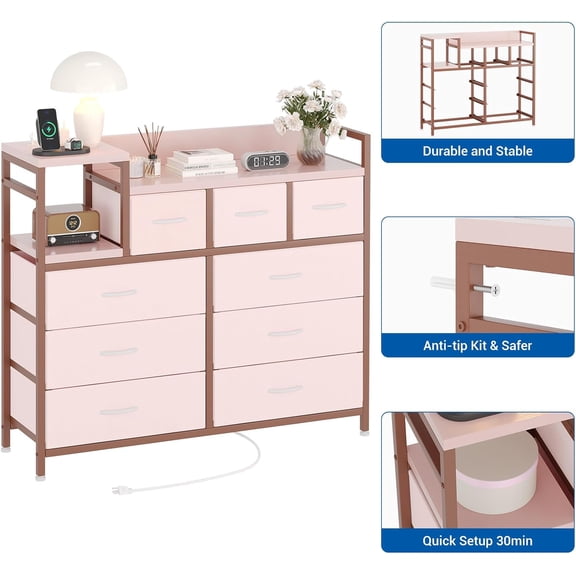 Rugerasy 39Inch 9-Drawer Fabric Dresser with Charging Station,Storage Cabinet & Shelf,Modern TV Stand for Bedroom,Living Room,Pink