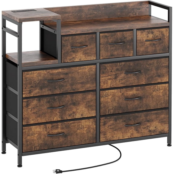 Rugerasy 39Inch 9-Drawer Fabric Dresser with Charging Station,Storage Cabinet & Shelf,Modern TV Stand for Bedroom,Living Room,Tiger stripes