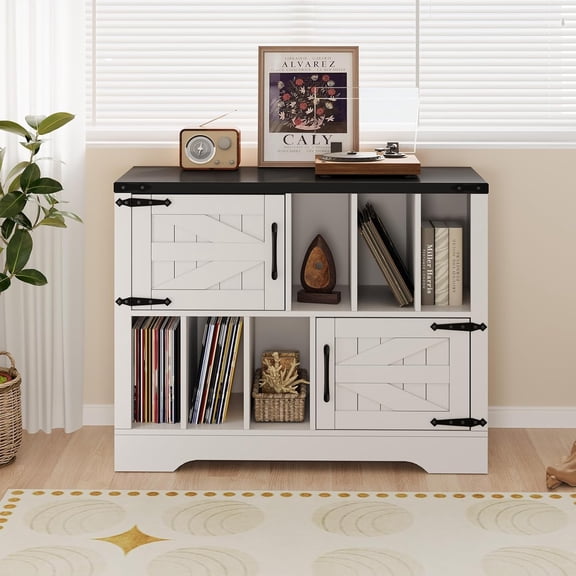 Rugerasy 39in Large Record Player Stand with Vinyl Storage,Farmhouse Wood Vinyl Record Storage Cabinet with Barn Doors,Mid-Century Modern Turntable Stand up to 450 Albums,White