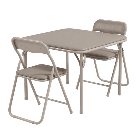 Rugerasy 3PC Folding Upholstered Table and Chair, Square Card Table and Chair Set with Pu Soft Cushion, Metal Frame Activity Table and Chairs Set for Daycare and Classroom,Beige