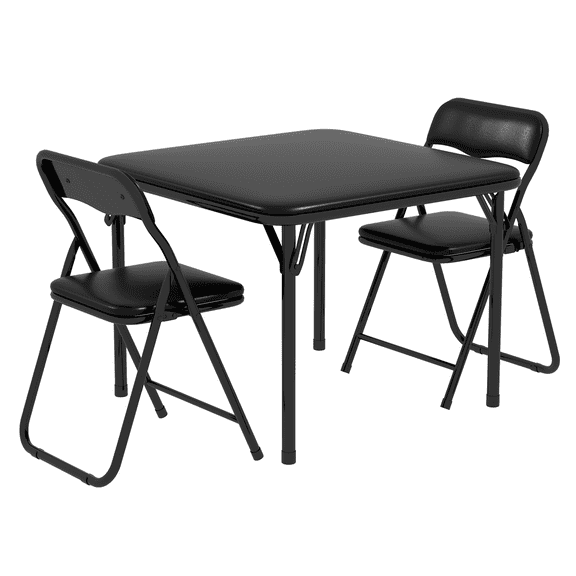 Rugerasy 3PC Folding Upholstered Table and Chair, Square Card Table and Chair Set with Pu Soft Cushion, Metal Frame Activity Table and Chairs Set for Daycare and Classroom,Black