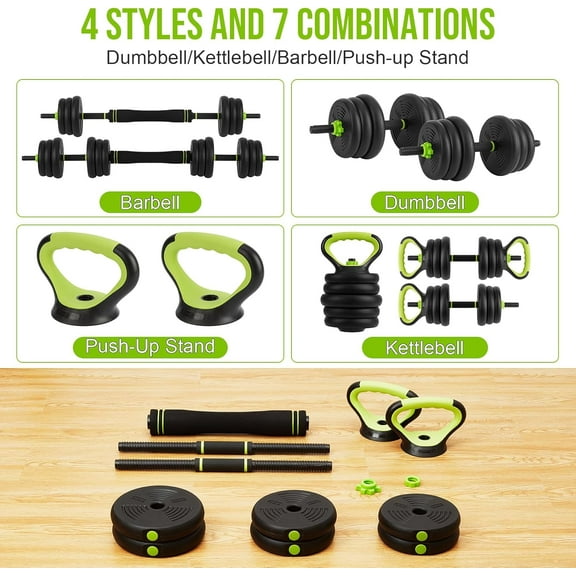 Rugerasy 4 IN 1 Adjustable Dumbbell Set,44/66/88 Lbs Free Weight Set with Connector,Changeable to Barbell,Kettlebell & Push-Up Stand,Fitness Equipment for Men/Women,Black+Green