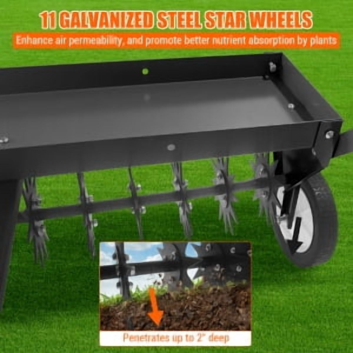 Rugerasy 40Inch Tow Behind Aerator,Tow Behind Plug Aerator with Transport Wheels,Steel Teeth,Tray,Pull Behind Aerator with Adjustable Handle for Farm,Garden,Black