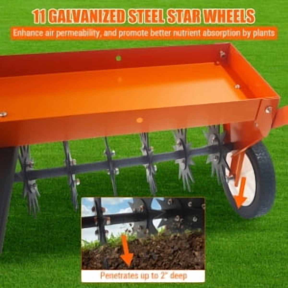 Rugerasy 40Inch Tow Behind Aerator,Tow Behind Plug Aerator with Transport Wheels,Steel Teeth,Tray,Pull Behind Aerator with Adjustable Handle for Farm,Garden,Orange