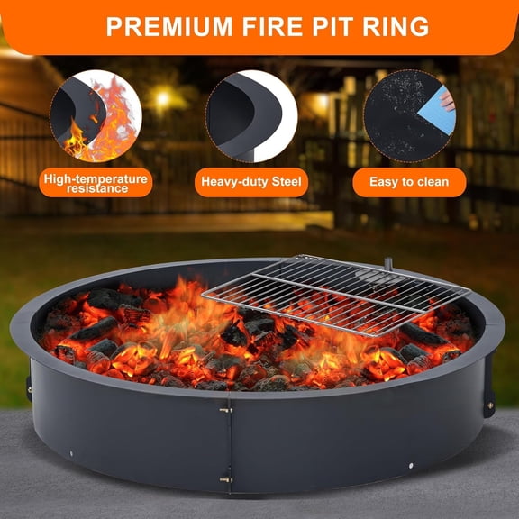 Rugerasy 42 x 36 x 10 Inch Smokeless Fire Pit Ring Insert Outdoor,Heavy Duty Round Wood Burning Outdoor Fireplaces with Stainless Steel BBQ Mesh and Hook,Black