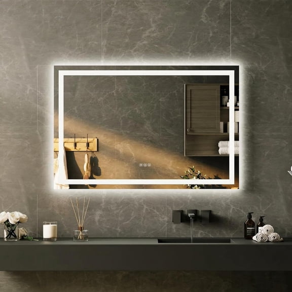 Rugerasy 45x30 LED Bathroom Mirror with Lights,Wall Mounted Vanity Mirror with Front & Backlight,Dimmable Color Temperature,Frameless Aluminum,No Magnifying Mirror