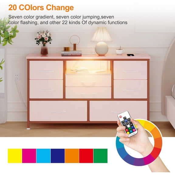 Rugerasy 47.4 Inch 8-Drawer Fabric TV Stand with LED Lights&Built-in Power Outlets,Sturdy Metal Frame Entertainment Center with Wood Tabletop - Tall Media Console for Guest Room&Bedroom,Pink