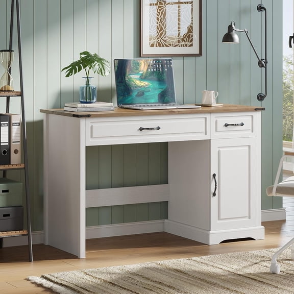 Rugerasy 47" Farmhouse Executive Desk,Rustic Home Office Desk with Drawers and Storage Cabinet,Wood Computer Desks Writing Workstation for Home Office,Antique White