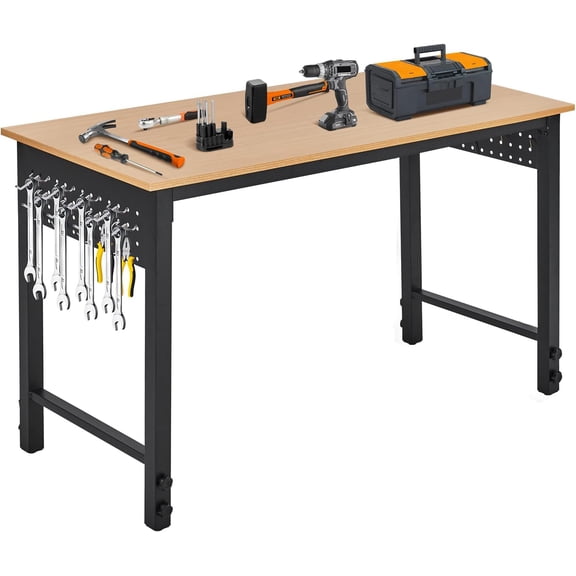 Rugerasy 47 Inch Heavy-Duty Workbench with Electrical Outlets & 20 Hooks,Industrial Grade Adjustable Work Table with Locking Casters,2000 Lb Load Capacity,Black+Natural