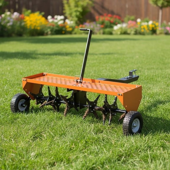 Rugerasy 48-Inch Tow Behind Plug Aerator,8 Tines Durable Steel Tines,Pneumatic Tires,Tray,Manual Lawn Spike Aerator for Yard,Farm,Orange