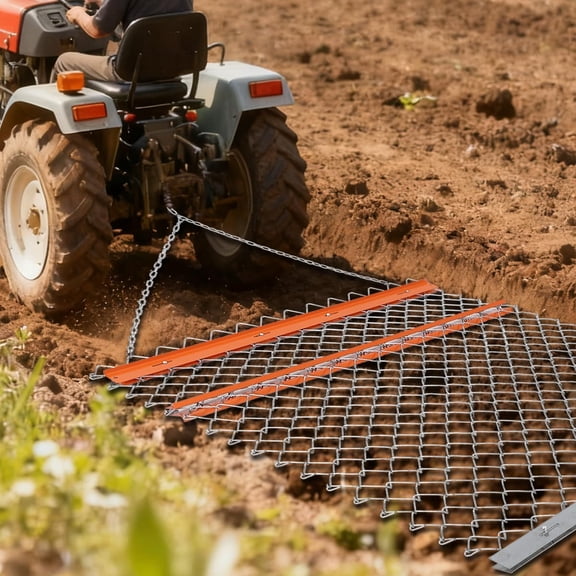 Rugerasy 4FT x 5FT Drag Chain Harrow for Agriculture,Landscape Leveling Rake and Gravel Driveway Leveler,Robust Tractor Attachment for Soil Prep,Field Maintenance,Orange