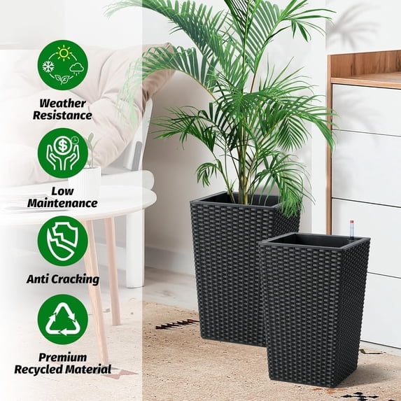 Rugerasy 4PC 16 Inch Tall Rattan Planter,Self Watering Plant Pots with Water Level Monitor,Outdoor and Indoor Flower Pots,Black