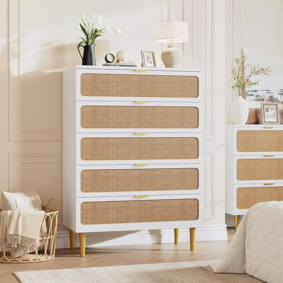Rugerasy 5 Drawer Dresser for Bedroom,Rattan Chest of Drawers with Deep Drawers,Large Double Dresser for Closet with Wide Top,Tall Wooden Dresser for Living Room,Hallway,White