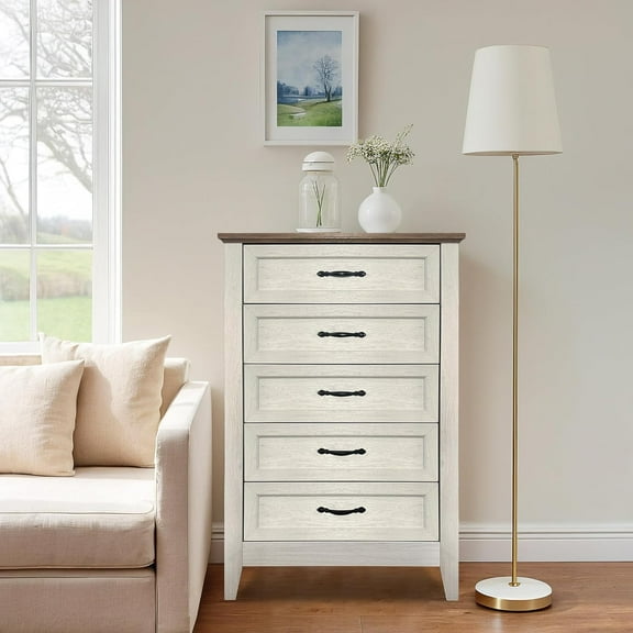 Rugerasy 5 Drawers Dresser for Bedroom,Wood Rustic Tall Chset of Drawers,Farmhouse Dresser Chests with Storage Organizer for Bedroom,Hallway,White Oak