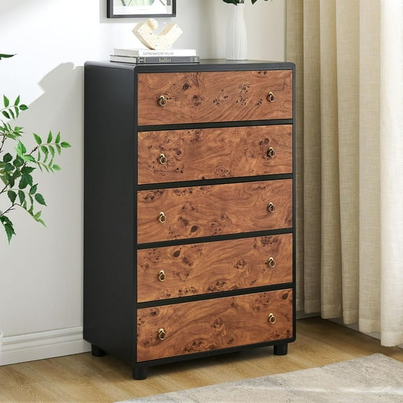 Rugerasy 5 Drawers Dresser,Modern Chest of Drawers with Natural Texture,Curved Profile Design,Dresser TV Stand,Wood Drawer Organizer,Natural Oak
