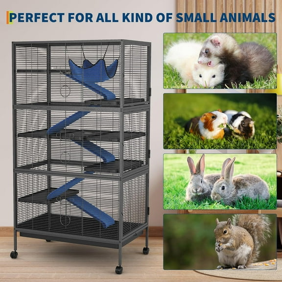 Rugerasy 5-Tier 50 Inch Rolling Cage Large,Small Animal Mansion for Chinchilla/Squirrel,Multi-Level Habitat with Hammock,Lockable Doors & Ramps,Ideal for Pet Rodents,Black
